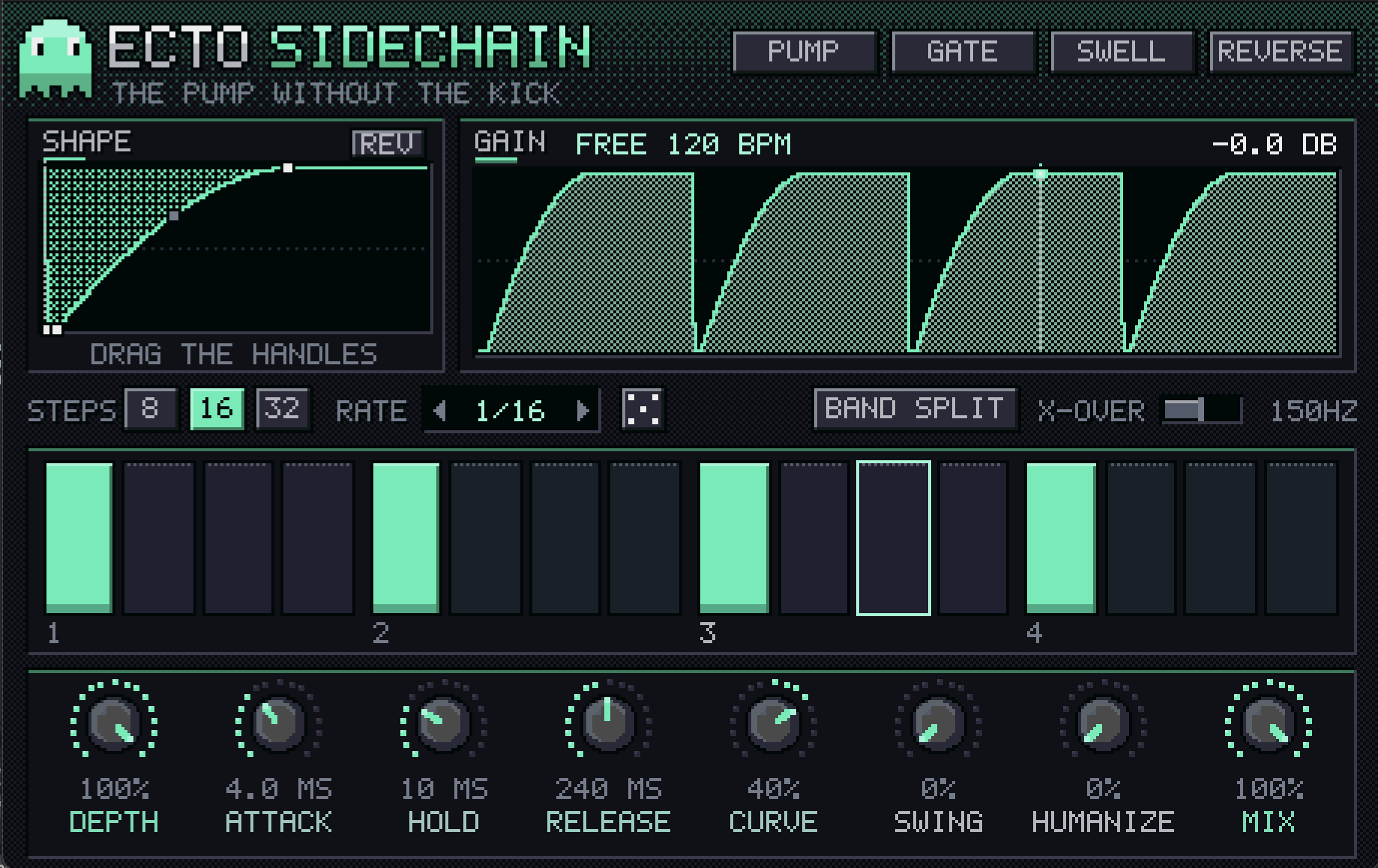 ECTO SIDECHAIN plug-in: PUMP mode, 16 steps at 1/16