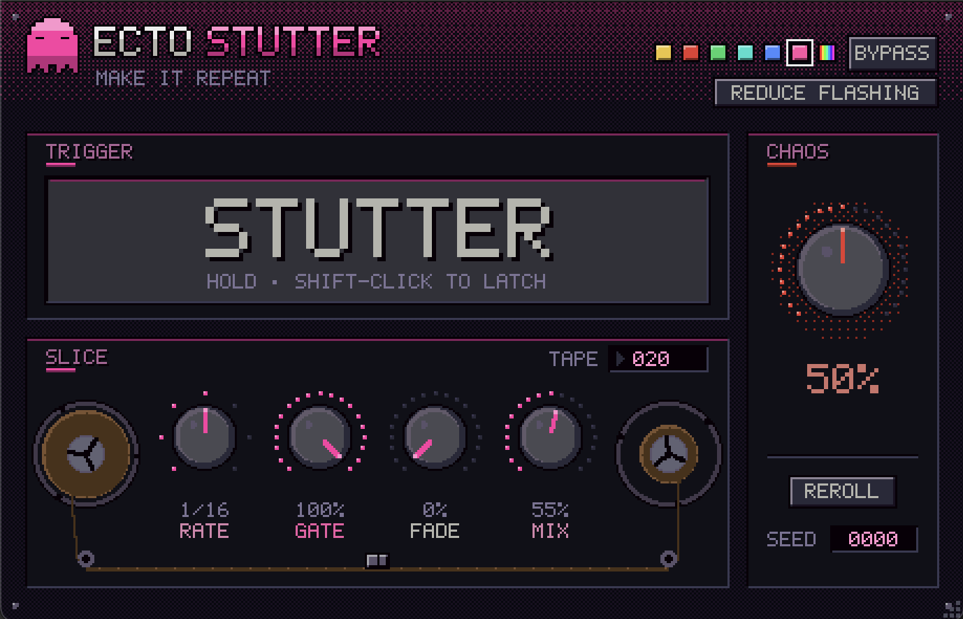 ECTO STUTTER plug-in: Pink theme with CHAOS at 50%